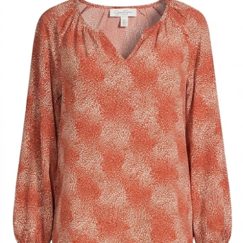 Jessica Simpson Rust-Orange Printed V-Neck Peasant Blouse